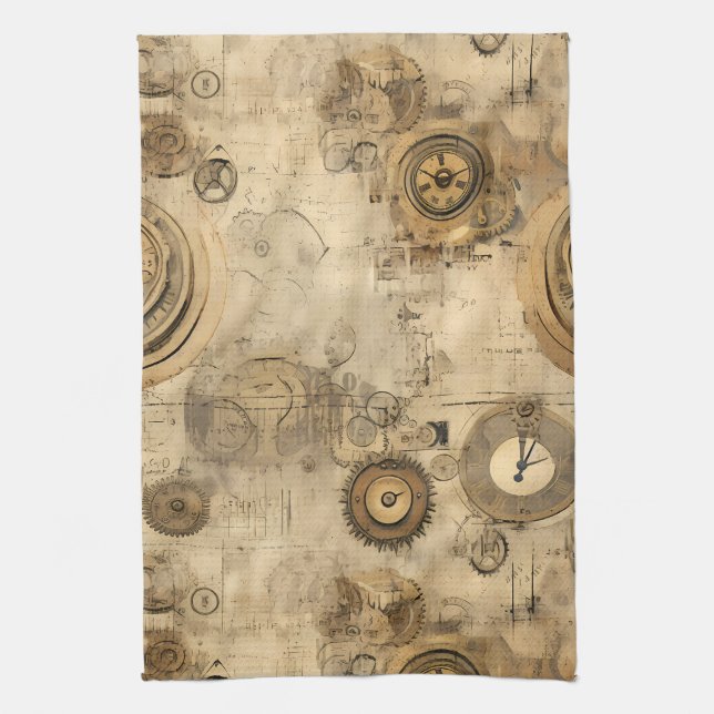 Linge De Cuisine Horloges et engrenages mécaniques Steampunk Sépia  (Vertical)