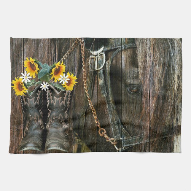 Linge De Cuisine Horse Cowboy Boots Sunflowers Rustic Barque (Horizontal)