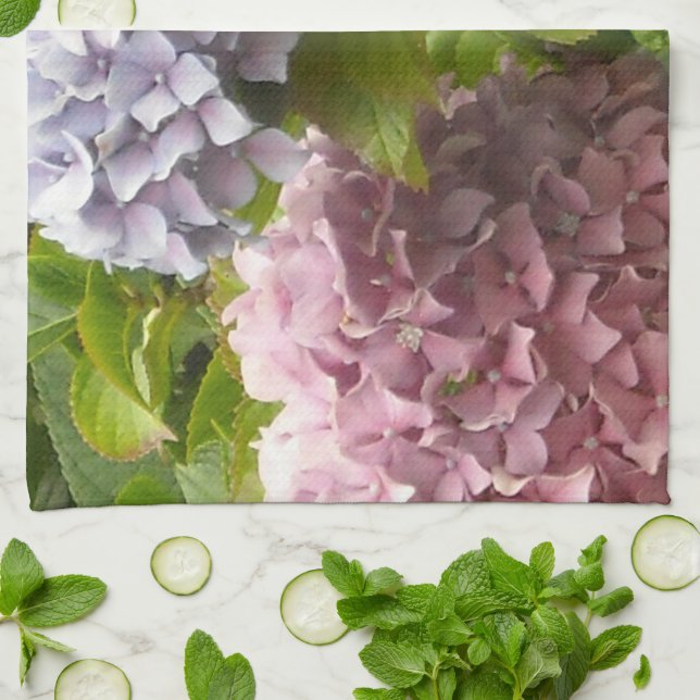 Linge De Cuisine Hortensias mauves et roses (Plié)
