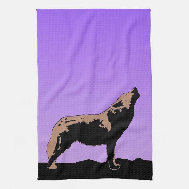 Linge De Cuisine Howling Wolf at Sunset - Art faunique original (Vertical)