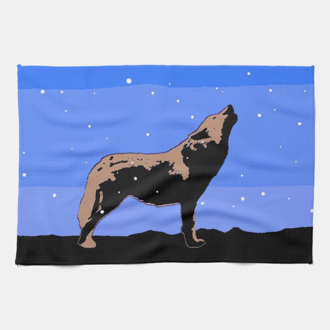 Linge De Cuisine Howling Wolf en hiver - Art faunique original (Horizontal)