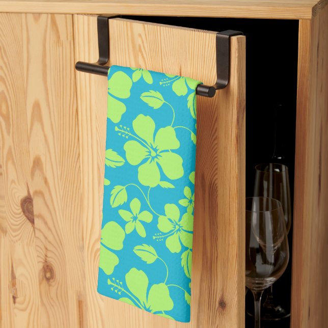 LINGE DE CUISINE HULA HAWAIEN (HIBISCUS) TEAL LIME (Pliage en tiers)