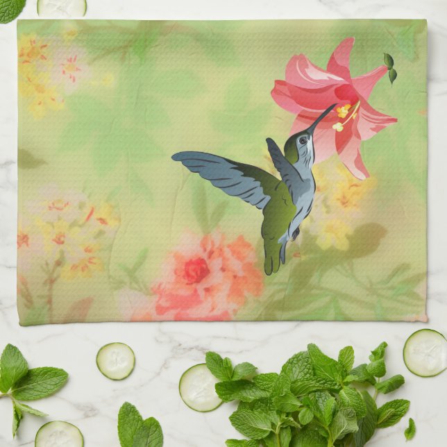 Linge De Cuisine Hummingbird and Pink Lily on Floral (Plié)