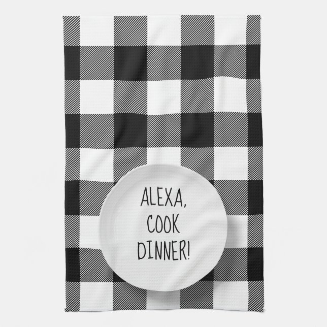 Linge De Cuisine Humour de la commande Alexa sur buffalo plaid (Vertical)