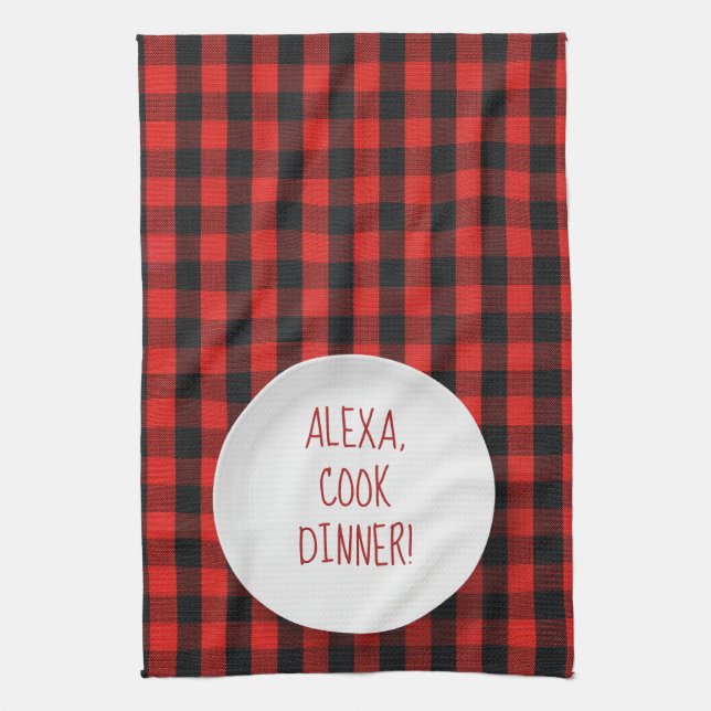 Linge De Cuisine Humour de la commande Alexa sur buffalo plaid (Vertical)