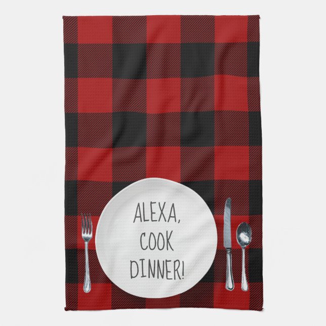 Linge De Cuisine Humour de la commande Alexa sur buffalo plaid (Vertical)