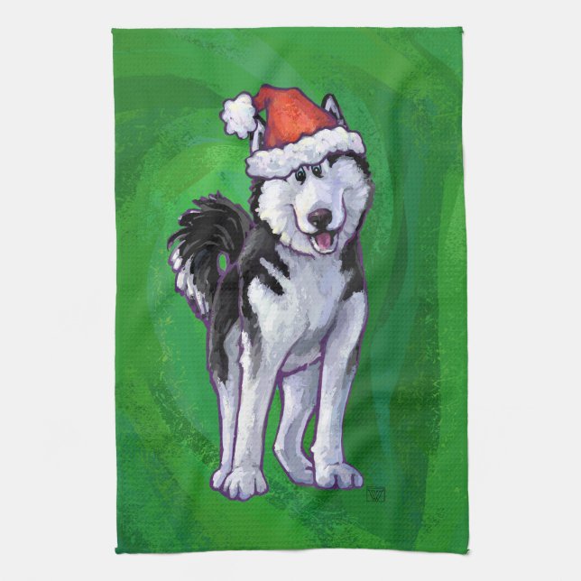 Linge De Cuisine Husky festif à Santa Hat sur Vert (Vertical)