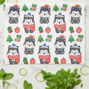 Linge De Cuisine Husky Puppy Chien Père Noël Festive Noël