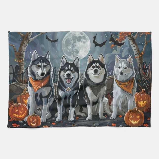 Linge De Cuisine Husky Sibérien Halloween Effrayant (Horizontal)