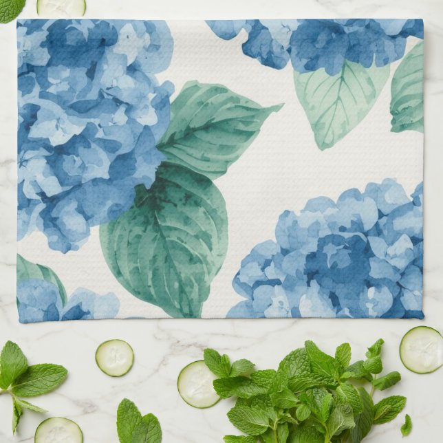 Linge De Cuisine Hydrangea Bleus Aquarelle Fleurs Botaniques Florai (Plié)