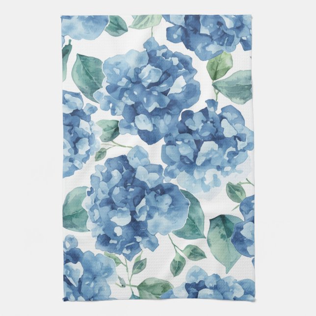 Linge De Cuisine Hydrangea Blues | Fleurs à motif de fleurs aquarel (Vertical)