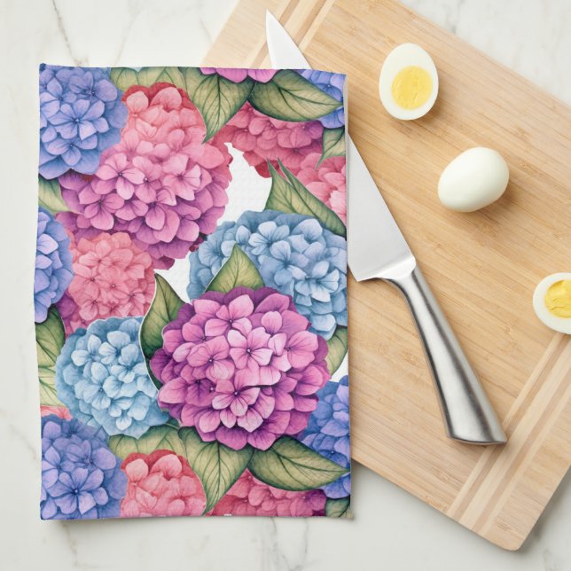 Linge De Cuisine Hydrangea Floral Rose Bleu (Quart Plié)