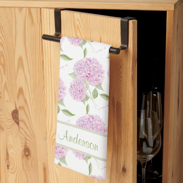 Linge De Cuisine Hydrangea Rose Aquarelle Avec Bordure De Texte (Pliage en tiers)