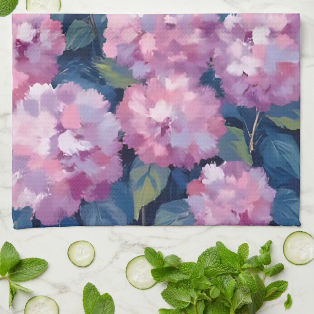 Linge De Cuisine Hydrangeas Florales Rose Pâle (Plié)
