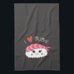 Linge De Cuisine I Love Sushi Japonais fruits de mer<br><div class="desc">Une mignonne serviette à plat avec un morceau de sushi kawaii et les mots que j'aime sushi en haut. Fait pour vous par Blackberry Boulevard. Un cadeau sympathique pour l'amoureux du sushi dans votre vie.</div>
