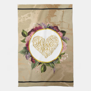 Linge De Cuisine I Love You Fancy Golden Heart with Floral Frame