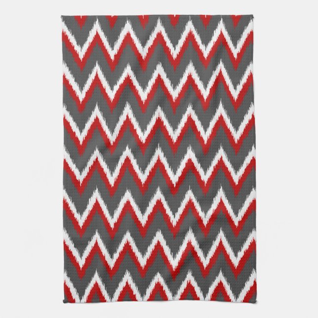 Linge De Cuisine Ikat Chevron Stripes - Rouge, Blanc et Gris / Gris (Vertical)