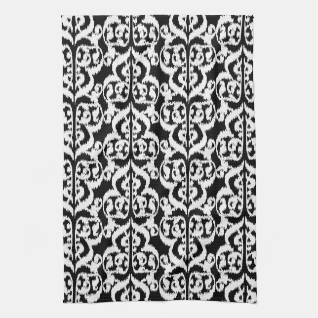 Linge De Cuisine Ikat damas mauresque - blanc et noir (Vertical)