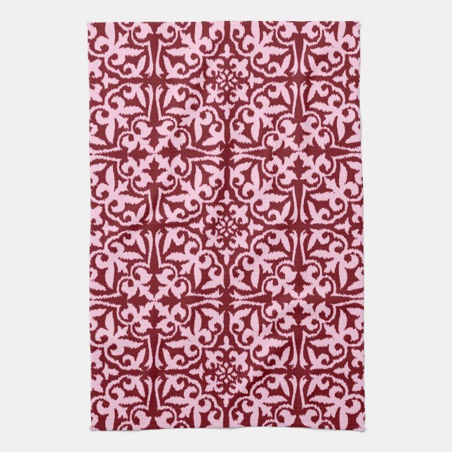 Linge De Cuisine Ikat damask pattern - Bourgogne et rose (Vertical)