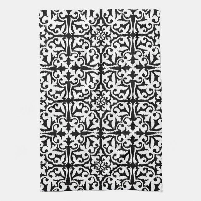 Linge De Cuisine Ikat damask pattern - noir et blanc (Vertical)