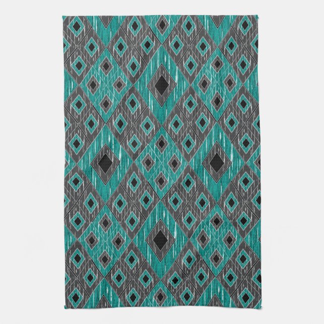 Linge De Cuisine Ikat Diamond Motif - Noir Turquoise (Vertical)