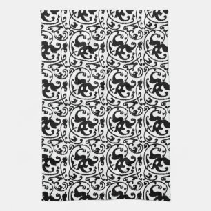 Linge De Cuisine Ikat floral damassé - Blanc et noir