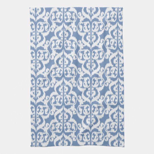 Linge De Cuisine Ikat Moorish Damask - bleu ciel et blanc (Vertical)