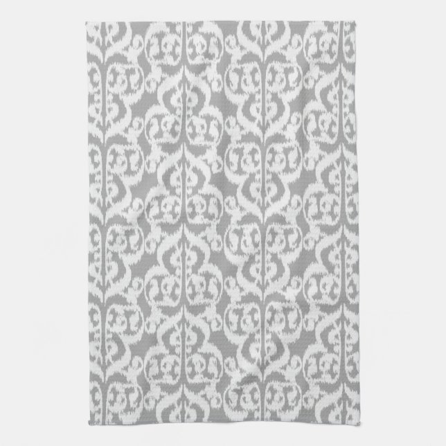 Linge De Cuisine Ikat Moorish Damask - gris argenté et blanc (Vertical)