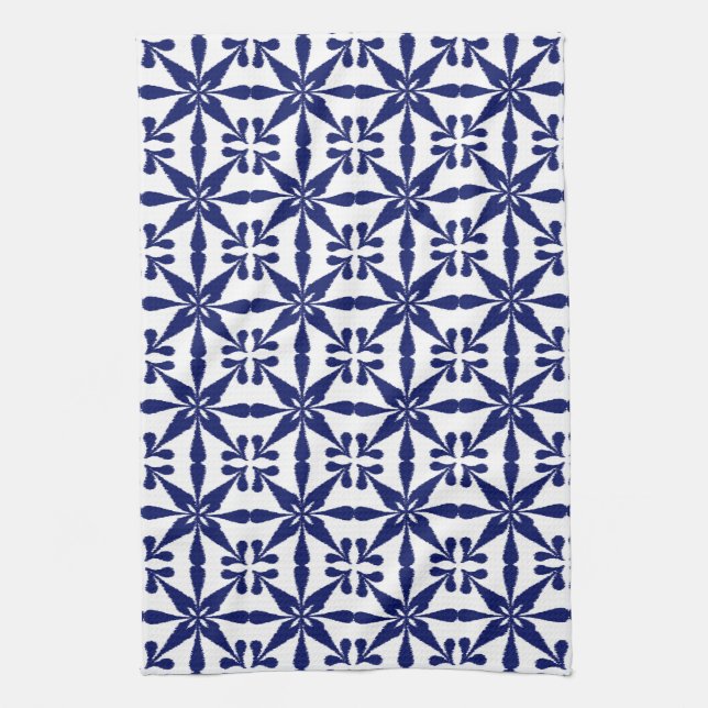 Linge De Cuisine Ikat Star Motif, bleu marine et blanc (Vertical)