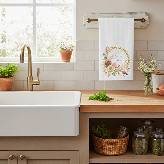 Linge De Cuisine Il est Ressuscité couronne florale bohème Pâques (Créateur téléchargé)