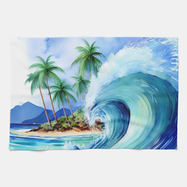 Linge De Cuisine Île Kai Aloha Vague Aquarelle (Horizontal)