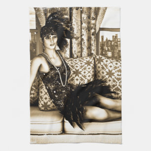 Linge De Cuisine Illustration de femme Flapper Art Déco sépia