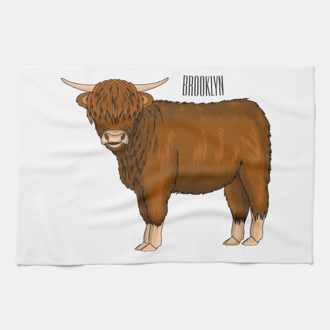 Linge De Cuisine illustration de vache highland en cartoon  (Horizontal)