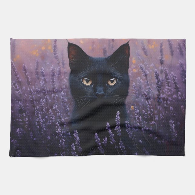 Linge De Cuisine Illustration d'un chat noir dans un champ de lavan (Horizontal)