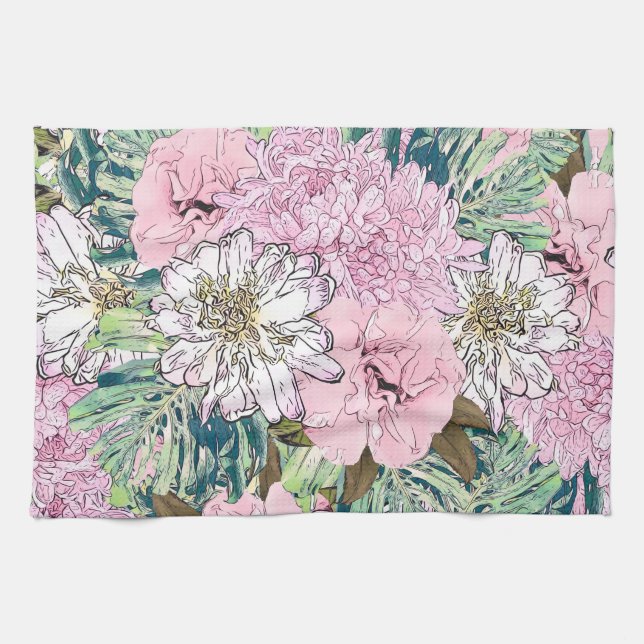 Linge De Cuisine Illustration florale rose et blanche de mignonne f (Horizontal)