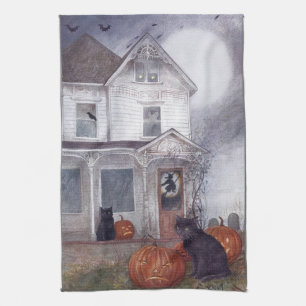 Linge De Cuisine Illustration Halloween Hauted House avec chat noir