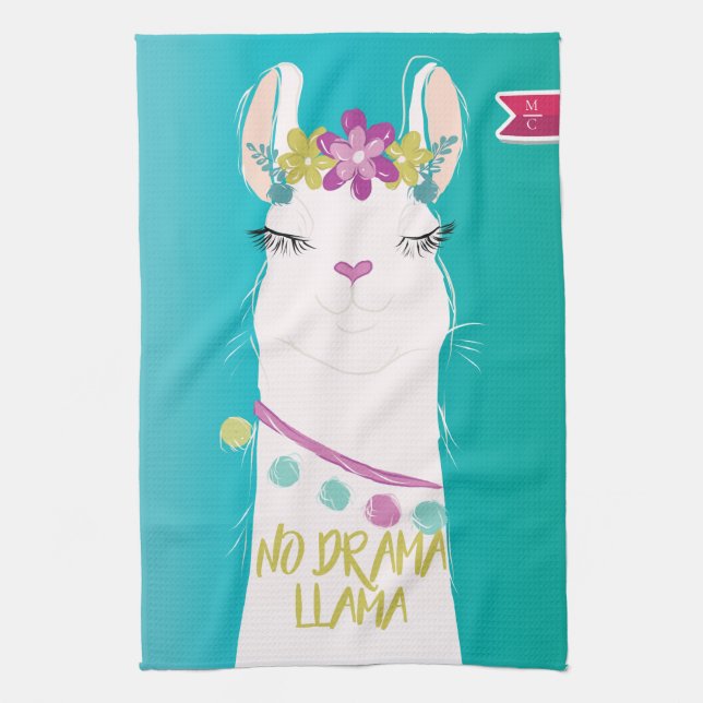 Linge De Cuisine Illustration No Drama Llama avec Monogramme (Vertical)
