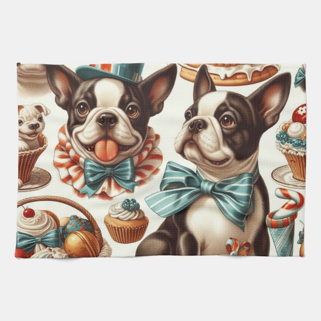 Linge De Cuisine Illustration Retro Cute Boston Terrier (Horizontal)
