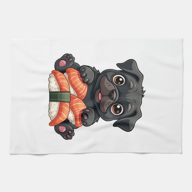 Linge De Cuisine Illustration vectorielle de sushi de pug noir mign (Horizontal)