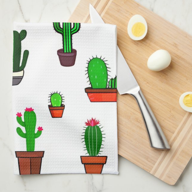 Linge De Cuisine Illustrations de cactus mignons sur fond blanc (Quart Plié)