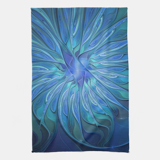 Linge De Cuisine Imaginaire Fleur Bleue Motif, Art Fractal Abstrait (Vertical)
