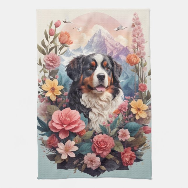 Linge De Cuisine imaginaire floral 3D Bernese Mountain Dog Birds Vi (Vertical)