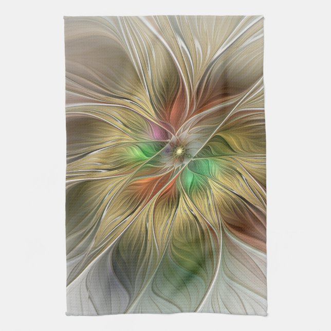 Linge De Cuisine Imaginaire Floral Avec Or Moderne Abstrait Fractal (Vertical)