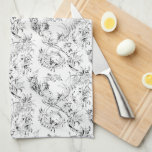 Linge De Cuisine Imaginaire Floral vintage français Toile-Black<br><div class="desc">Elégant motif en toile noir sur blanc du 19ème siècle vintage adapté d'un dessin français de la collection Smithsonian avec fleurs d'imaginaires,  feuilles et vignes à l'effigie d'un guerrier indigène et cupide et personnages humains.</div>
