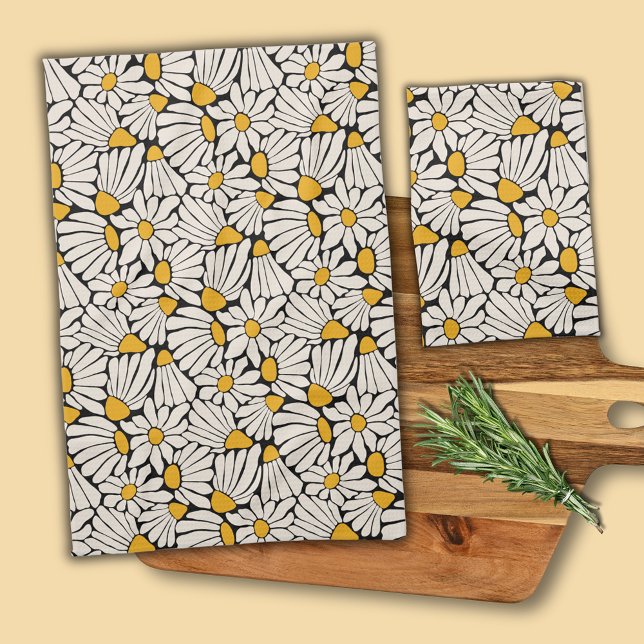 Linge De Cuisine Impression de bloc floral rétro noir jaune (Retro floral daisy dream kitchen towel.)