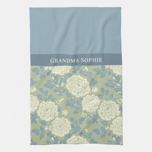 Linge De Cuisine Impression de bloc floral vert bleu (Vertical)