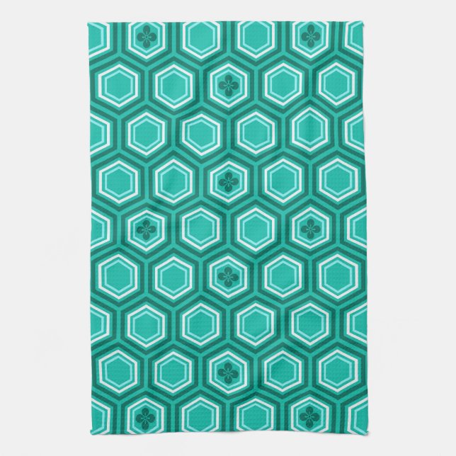 Linge De Cuisine Impression de kimono hexagonal, sarcelle, aqua et  (Vertical)