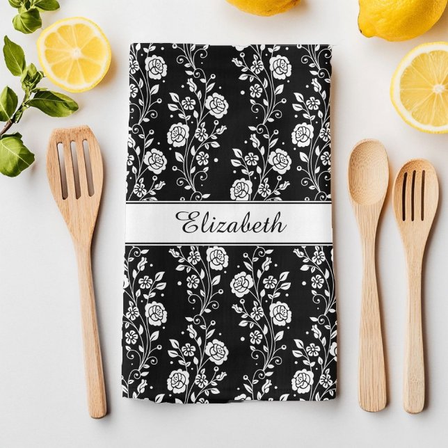 Linge De Cuisine Impression de nom de motif de rose florale noir et (Black & White Floral Rose Pattern Name Print Kitchen Towel)