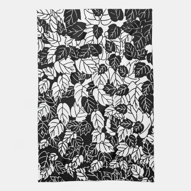 Linge De Cuisine Impression feuille japonaise, noir et blanc (Vertical)