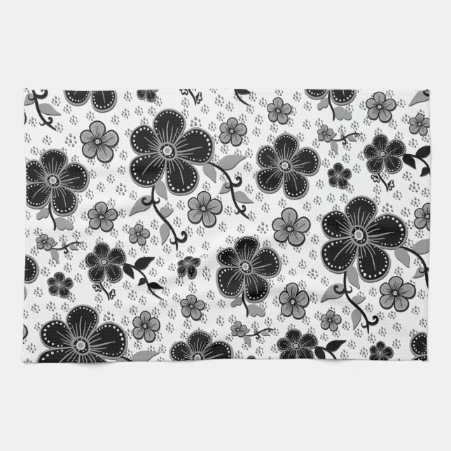 Linge De Cuisine Impression florale noire et blanche (Horizontal)